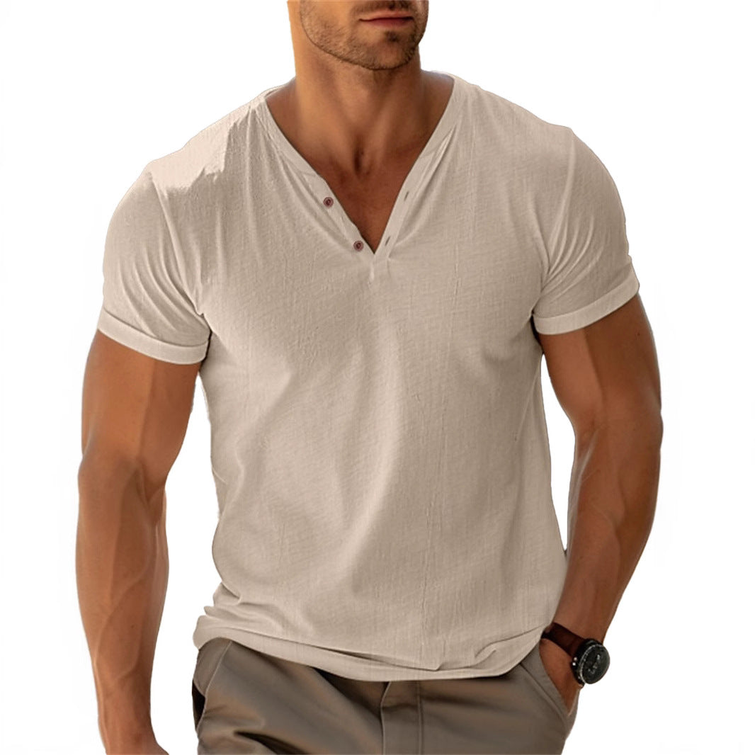 Men's fitted Henley T-shirt with V-neck, short button placket and roll-up sleeves StylebySassy