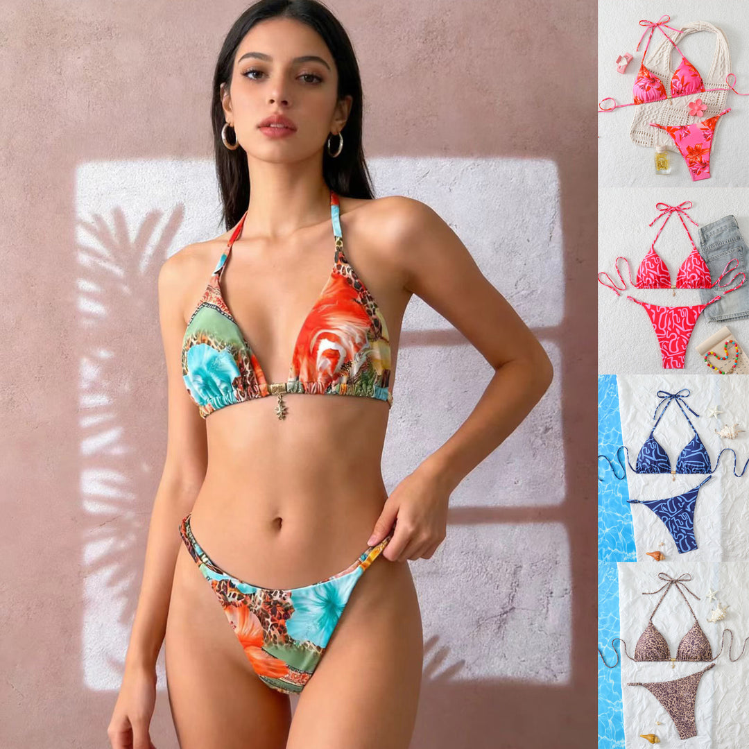 Women's Triangle Bikini Set with Adjustable Straps and Floral Patterns StylebySassy