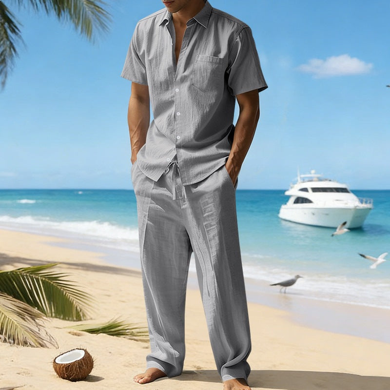 Men's resort-appropriate short-sleeve shirt with chest pocket and casual linen drawstring pants StylebySassy