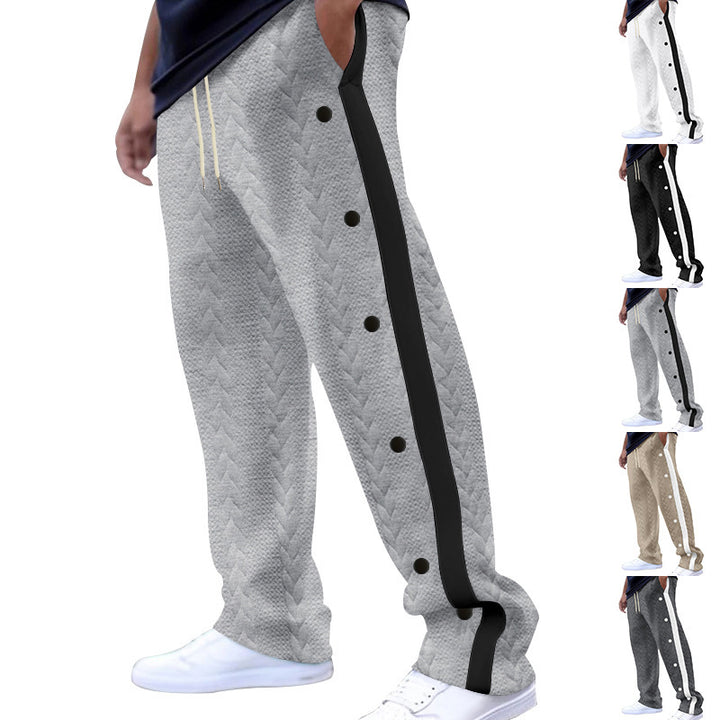 Men's quilted casual pants with continuous snap button placket and contrast stripes StylebySassy