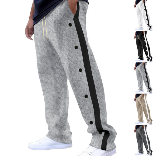 Men's quilted casual pants with continuous snap button placket and contrast stripes StylebySassy
