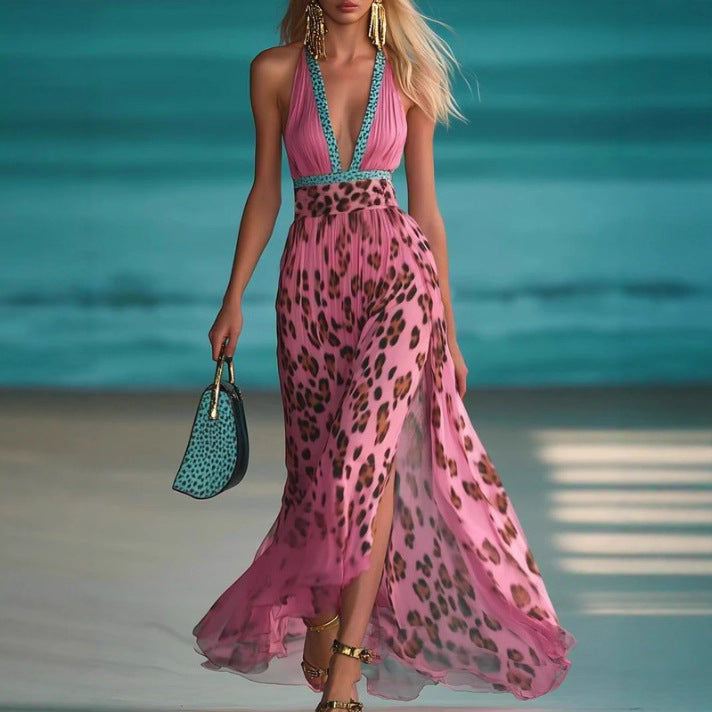 Women nan maxi dress with deep V-neck, braided halter, leopard print, pleated chiffon skirt, and side leg slit StylebySassy