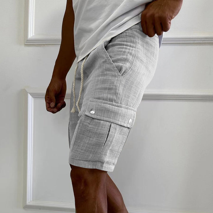 Men's urban cargo Bermuda shorts made of linen-cotton blend with elastic drawstring waistband and snap-flap pockets StylebySassy