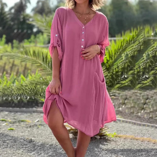 Ladies light V-neck tunic dress with button placket, patch pocket and roll-up sleeves StylebySassy