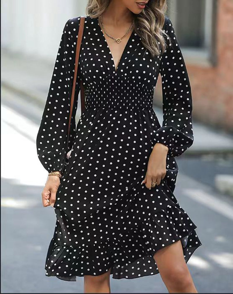 Ladies' dotted A-line midi dress with V-neck, smocked waist and two-tiered ruffle StylebySassy