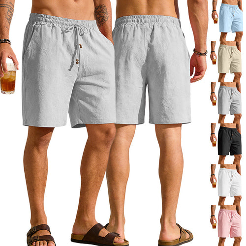 Men's lightweight beach Bermuda shorts made of linen blend with elastic waistband, drawstring and decorative button placket StylebySassy