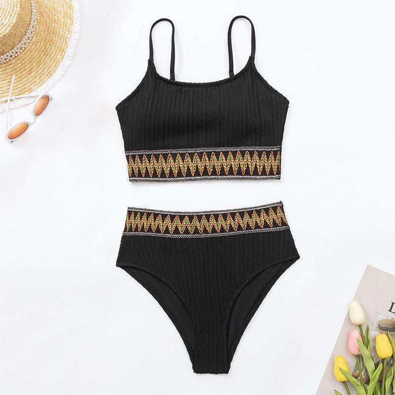 Women's high-waisted bikini set with textured top and decorative zigzag pattern StylebySassy