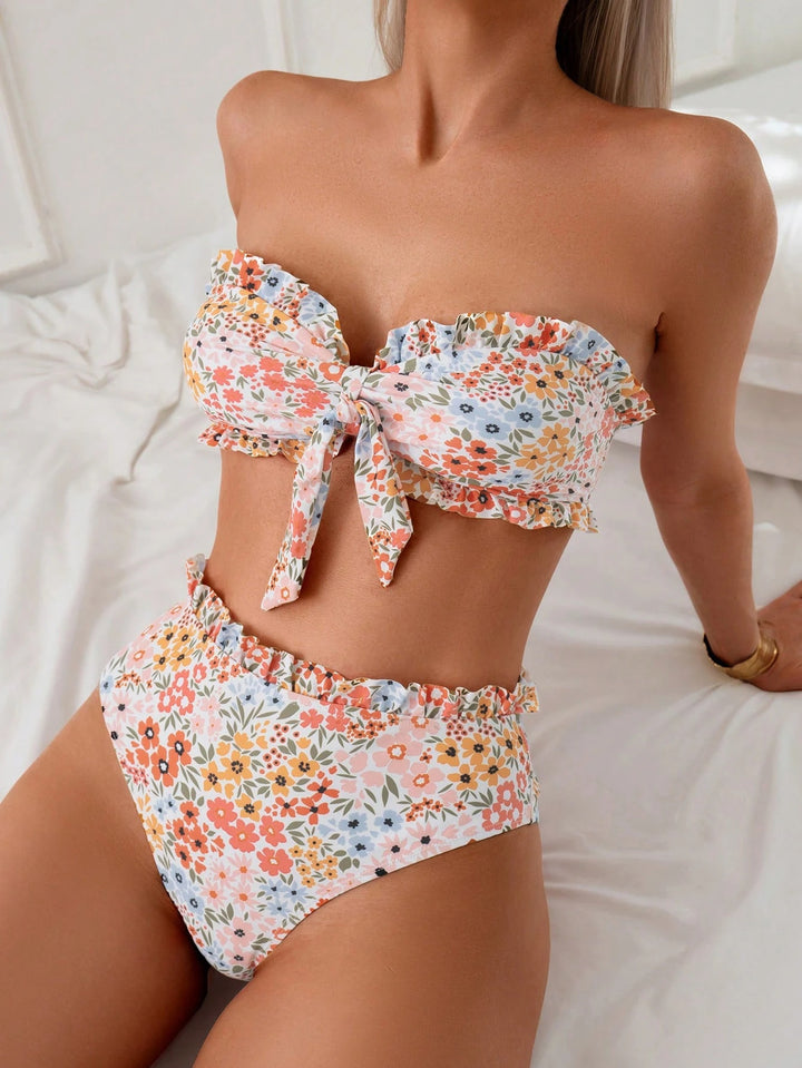 Women's Bandeau Bikini with Floral Ruffle Design StylebySassy