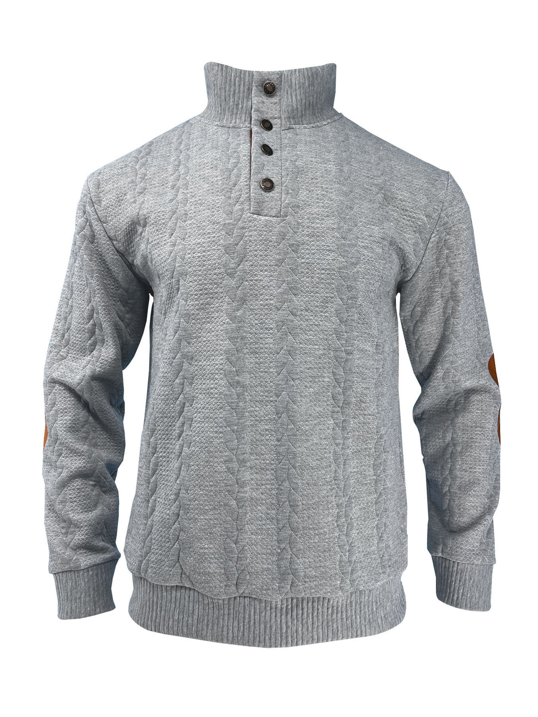 Men's casual cable knit pullover with reinforced button placket and suede elbow patches StylebySassy