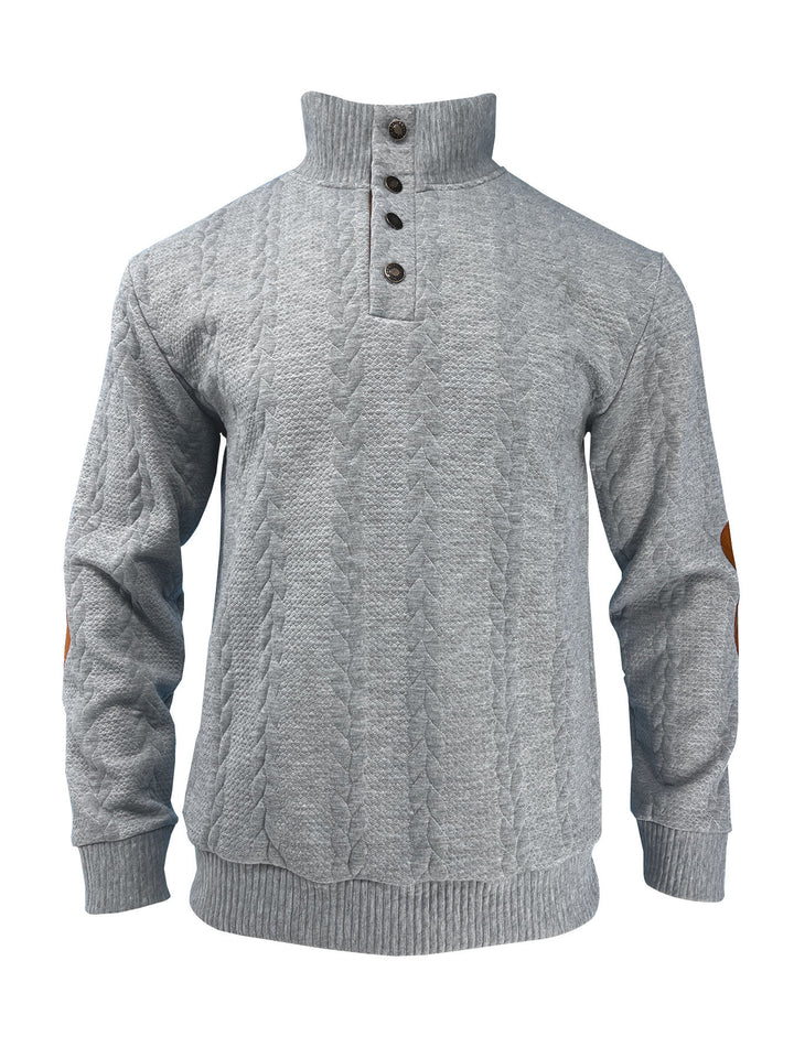 Men's casual cable knit pullover with reinforced button placket and suede elbow patches StylebySassy