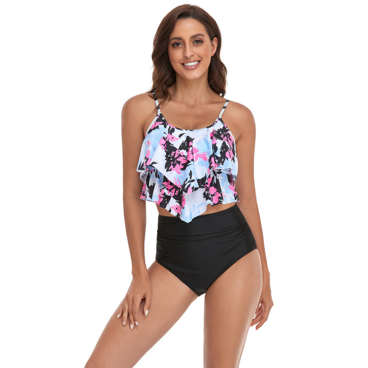 Women's tankini set with flowing ruffle design and figure-hugging bikini bottom StylebySassy