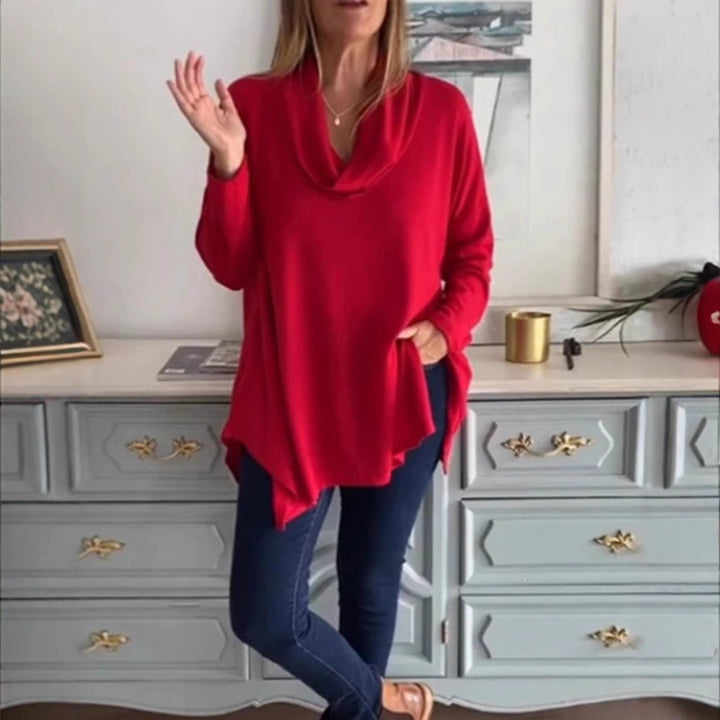 Women's fall shoulder drape tunic top with asymmetric zip hem and side pockets StylebySassy
