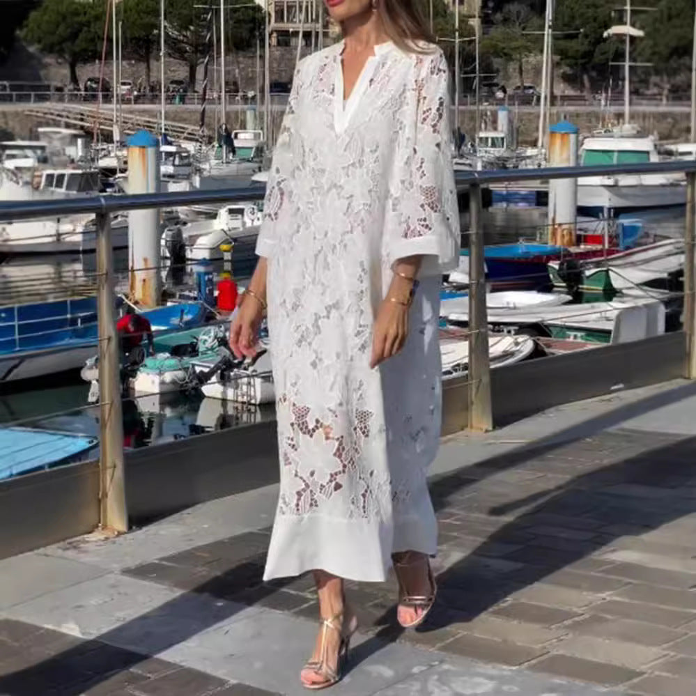 Women's airy lace maxi dress with floral openwork embroidery, loose kimono sleeve cut, and lightweight underdress StylebySassy