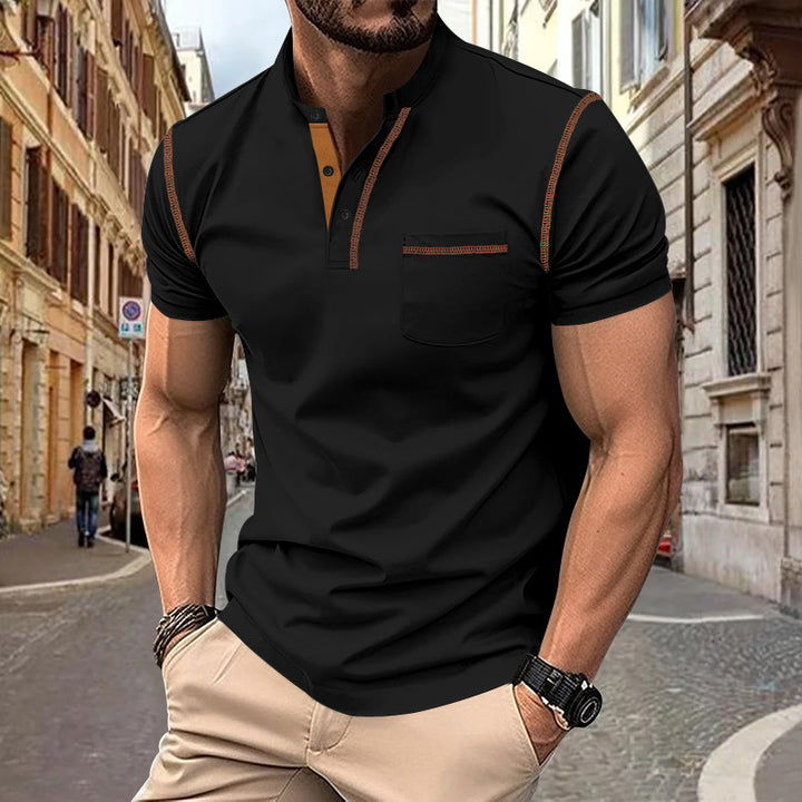 Men's short-sleeve polo in Henley style with stand-up collar, chest pocket and contrast stitching StylebySassy