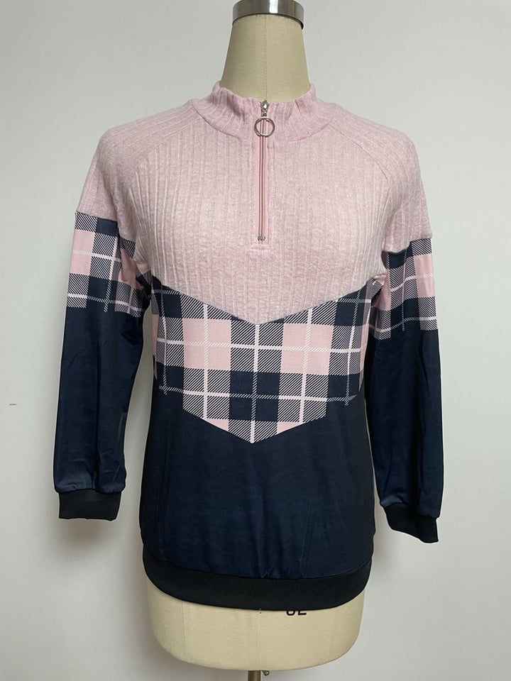 Ladies nan soft-grippy sweatshirt with short zipper, stand-up collar and check panel StylebySassy