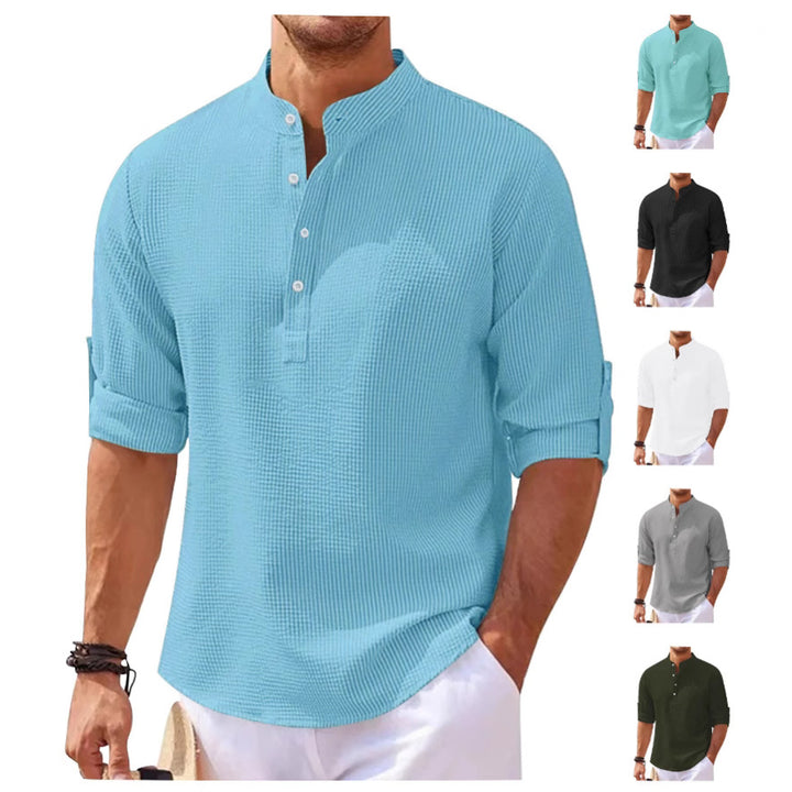 Women's oversized long sleeve Henley with stand-up collar waffle texture and sleeve fastening StylebySassy