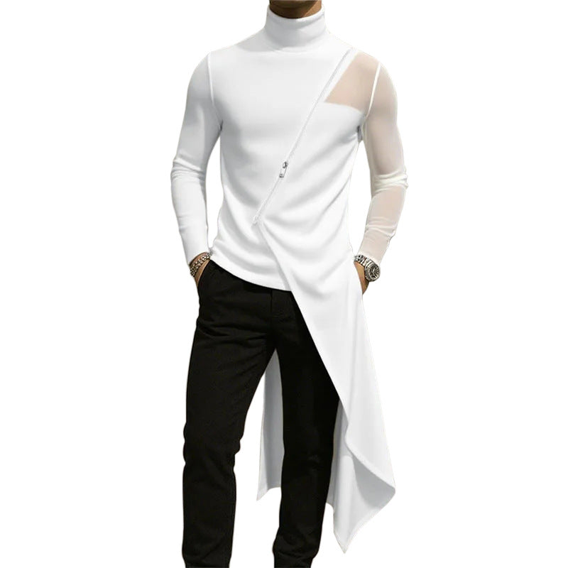 Ladies avant-garde long shirt with diagonal zipper, stand-up collar and irregular pointed hem StylebySassy