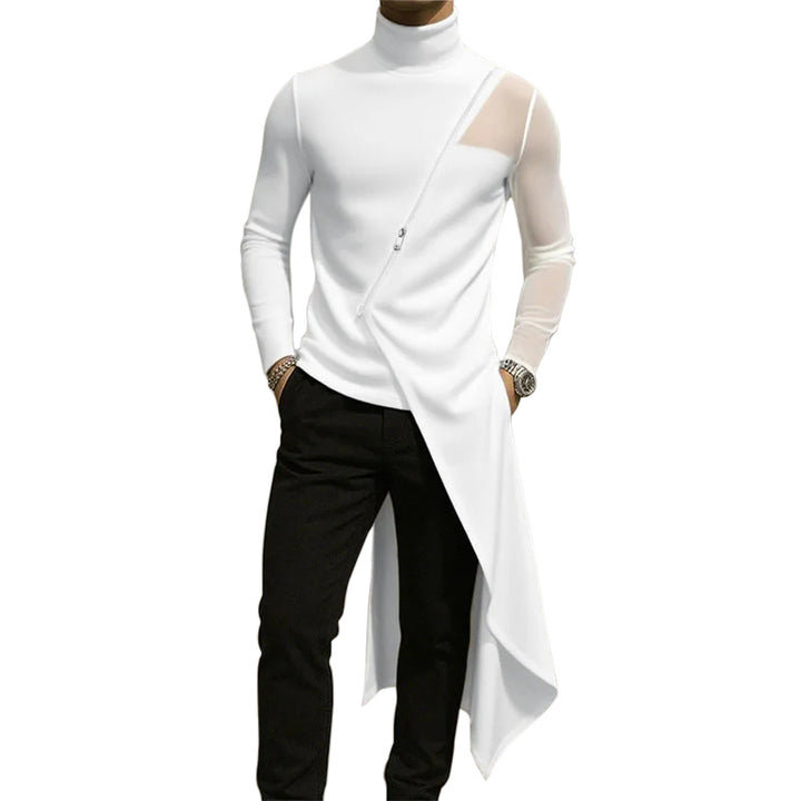 Ladies avant-garde long shirt with diagonal zipper, stand-up collar and irregular pointed hem StylebySassy
