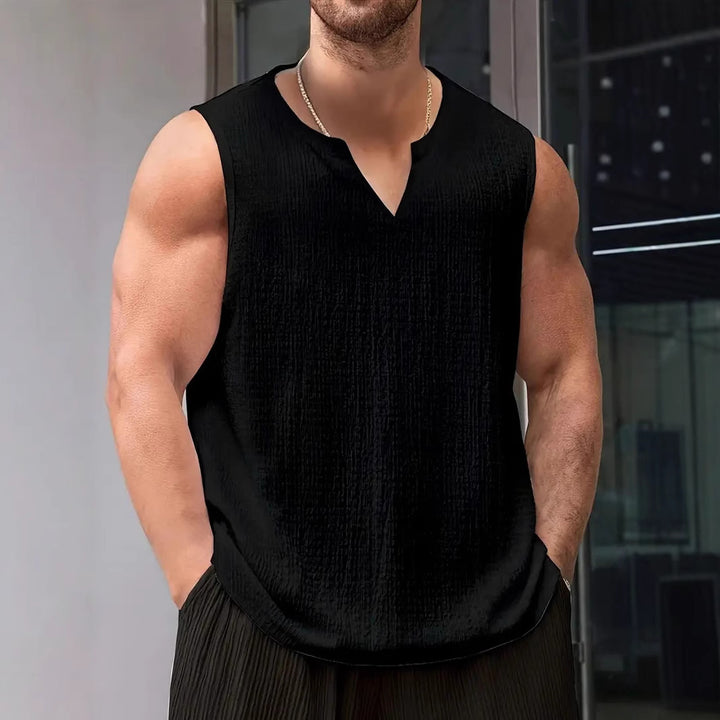 Men's casual crinkle cotton top with notch neckline and rounded hem StylebySassy