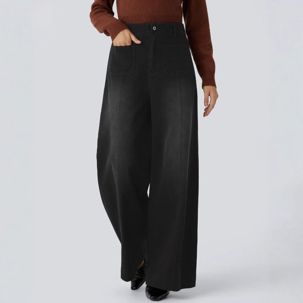 Ladies high-waisted jeans palazzo pants with wide legs and patch front pockets StylebySassy