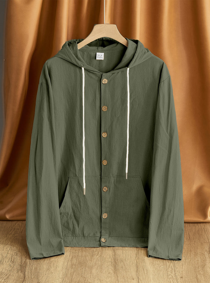 Men's lightweight hoodie jacket with button placket, kangaroo pocket, and drawstring StylebySassy