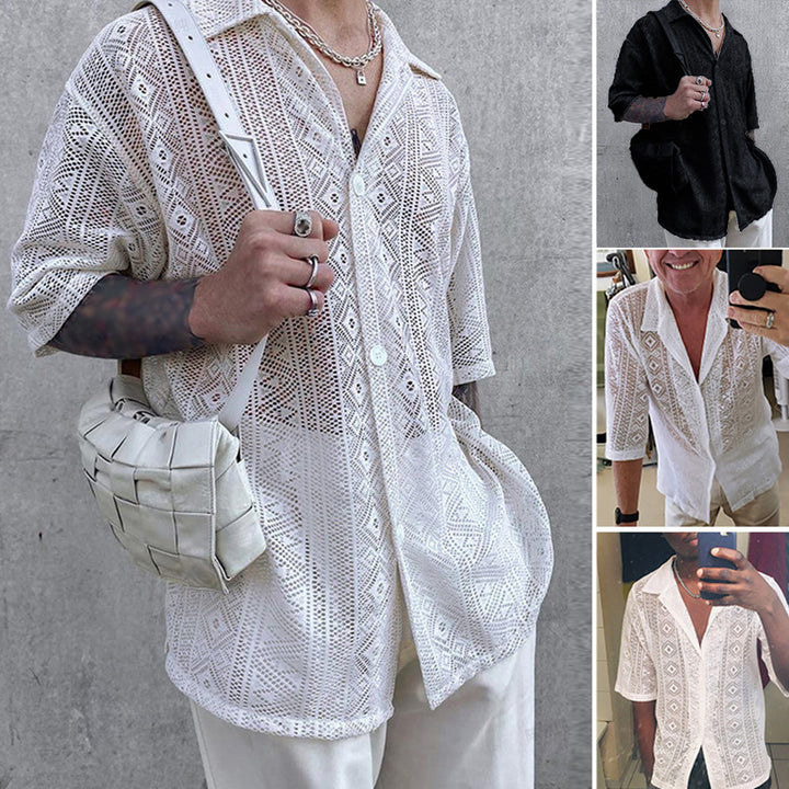 Women's light crocheted blouse with shirt collar and button placket StylebySassy