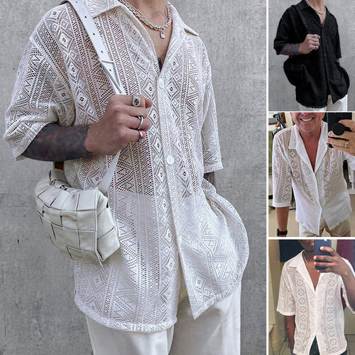 Women's light crocheted blouse with shirt collar and button placket StylebySassy