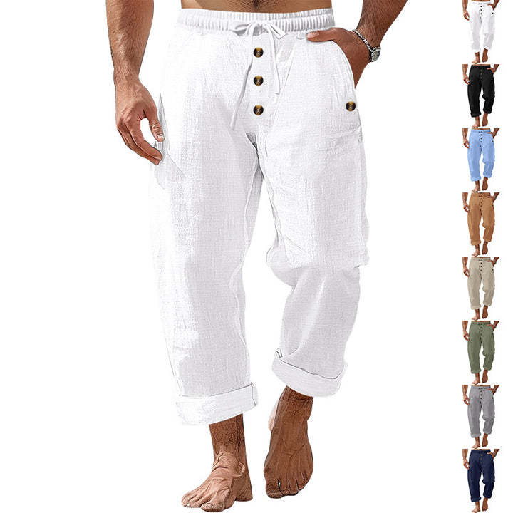 Men's casual linen-cotton pants with elastic waistband, drawstring, and rolled-up hem StylebySassy