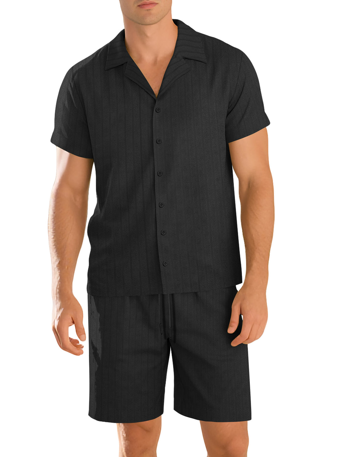 Men's ribbed knit lounge set with lapel collar short-sleeve shirt and comfort bermuda StylebySassy