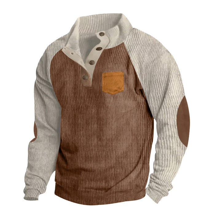 Men's structured half-button knit pullover in cord look with raglan sleeves, front chest pocket, and elbow patches StylebySassy