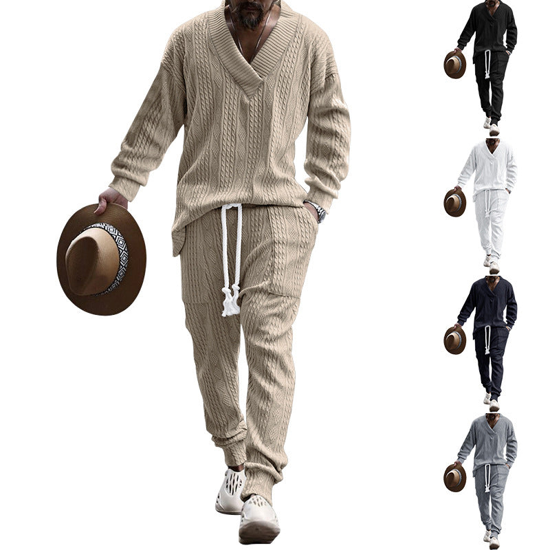 Men's comfortable cable knit set with deep V-neck, drawstring joggers and cuff StylebySassy