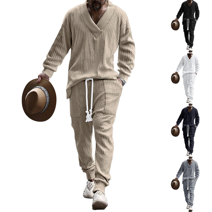 Men's comfortable cable knit set with deep V-neck, drawstring joggers and cuff StylebySassy