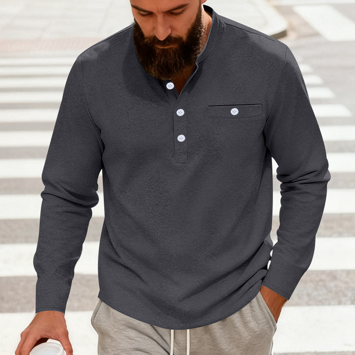 Men's casual long-sleeve Henley shirt made of cotton blend with chest pocket StylebySassy
