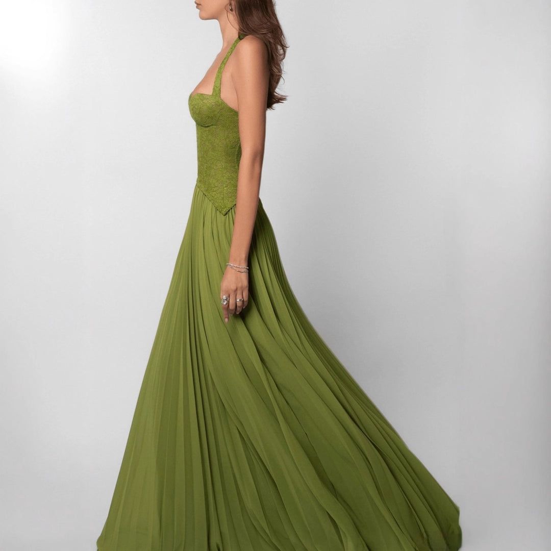 Ladies' elegant evening dress with lace corset and pleated maxi skirt StylebySassy