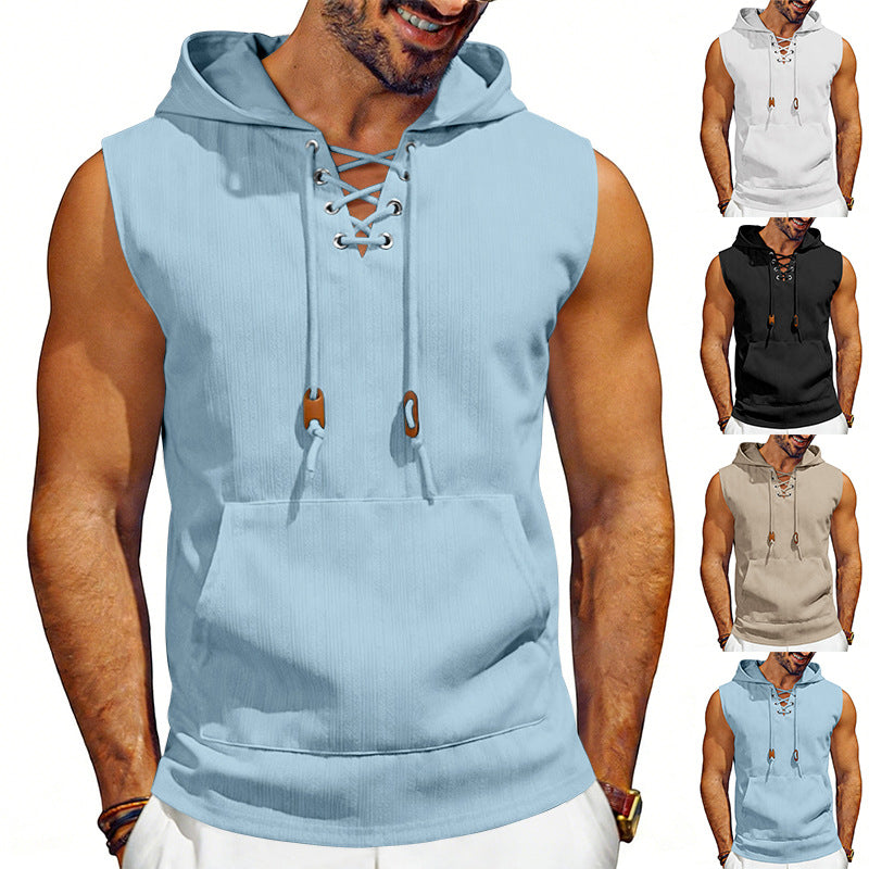 Men's sleeveless hooded vest with lace-up V-neck, kangaroo pocket, and casual fit StylebySassy