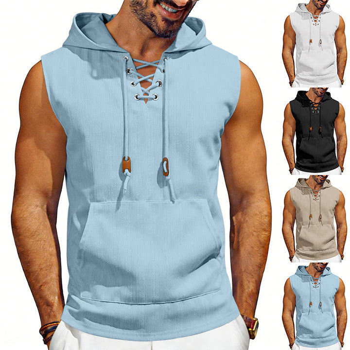 Men's sleeveless hooded vest with lace-up V-neck, kangaroo pocket, and casual fit StylebySassy
