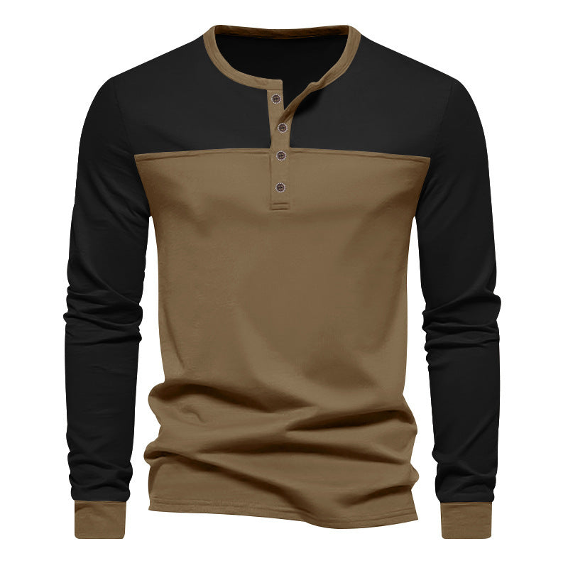 Men's two-tone long sleeve shirt in Henley style with shoulder yoke, short button placket and ribbed cuffs StylebySassy