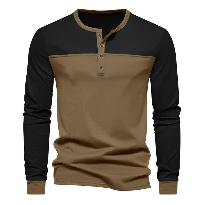 Men's two-tone long sleeve shirt in Henley style with shoulder yoke, short button placket and ribbed cuffs StylebySassy