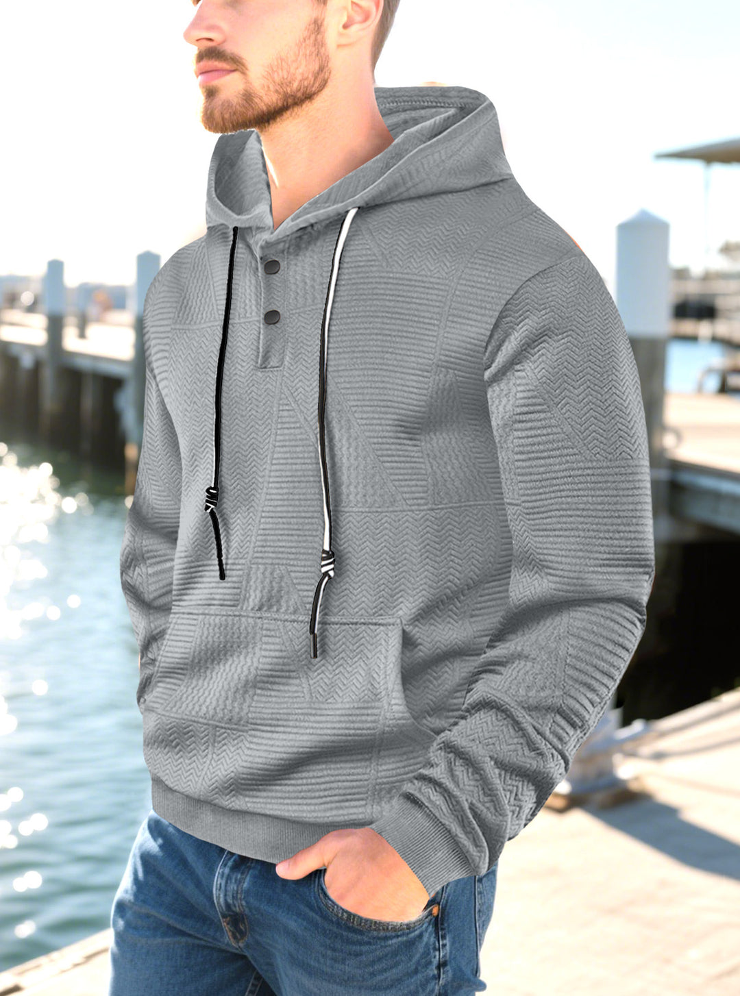 Men's hooded sweatshirt with geometric structure, Henley placket, and kangaroo pocket StylebySassy