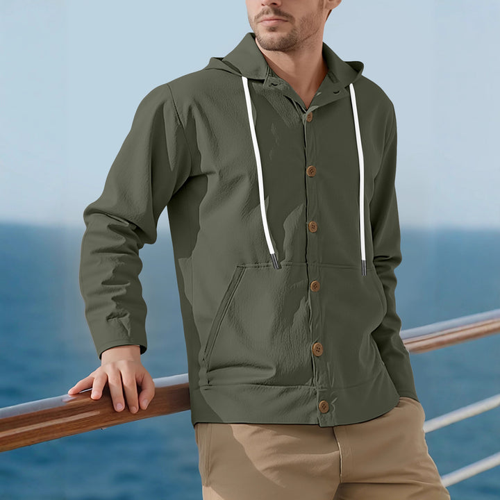 Men's lightweight hoodie jacket with button placket, kangaroo pocket, and drawstring StylebySassy