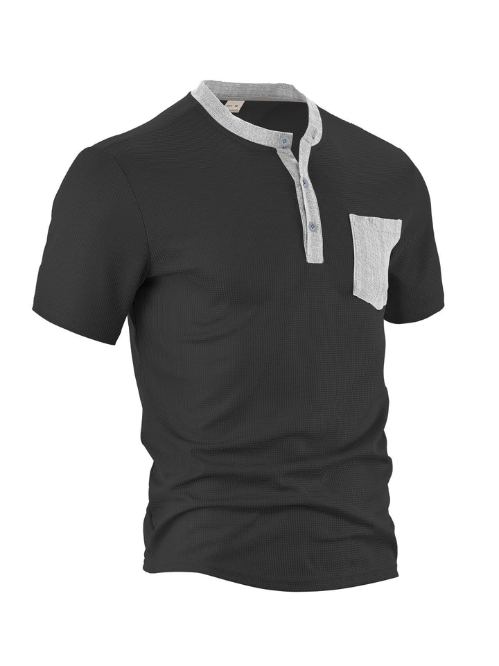 Men's breathable waffle henley shirt with stand-up collar, short button placket, and patch chest pocket StylebySassy