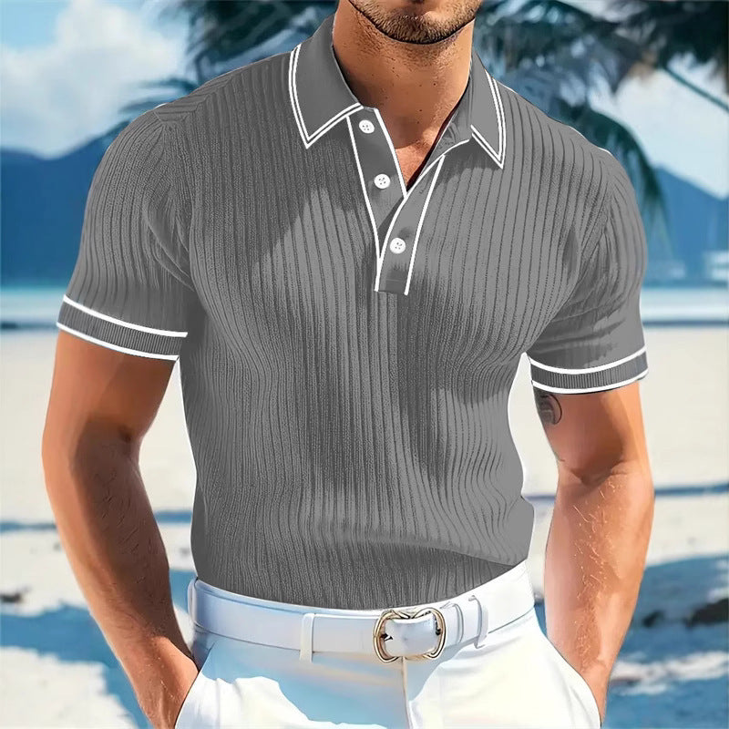 Men's fitted short-sleeve polo with Kent collar, short button placket, and fine vertical rib structure StylebySassy