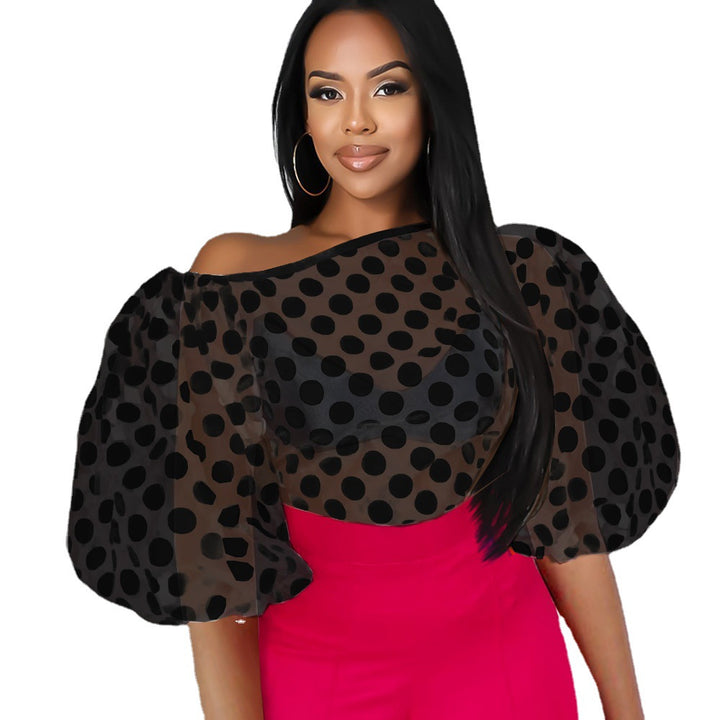 Women's Playful Blouse with Transparent Polka Dots Design and Puff Sleeves StylebySassy