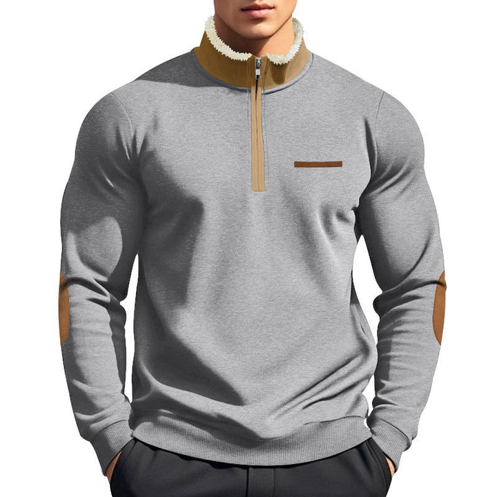 Men's half-zip troyer with teddy fleece collar and leather elbow patches StylebySassy