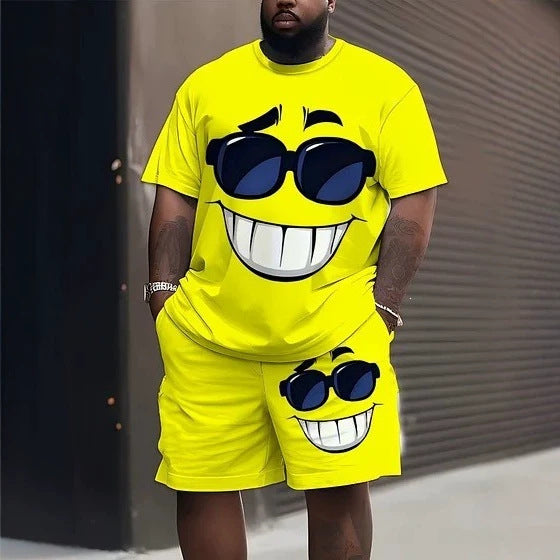 Men's casual leisure two-piece set with large smiley sunglasses print StylebySassy
