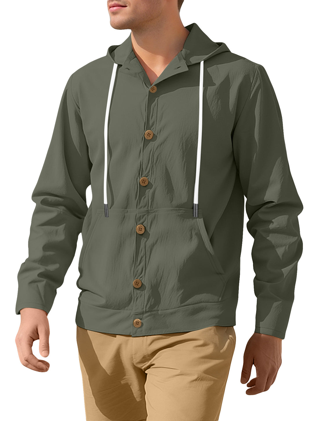 Men's lightweight hoodie jacket with button placket, kangaroo pocket, and drawstring StylebySassy