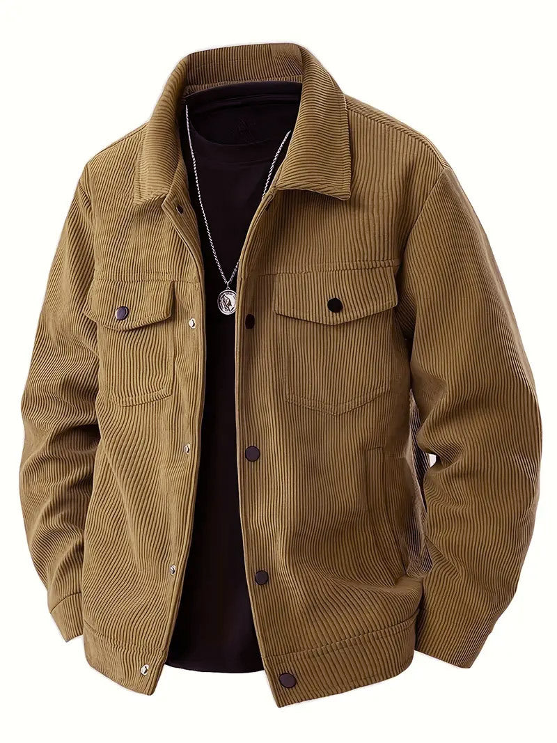 Men's cord jacket in the classic work jacket style with snap buttons and chest pockets StylebySassy