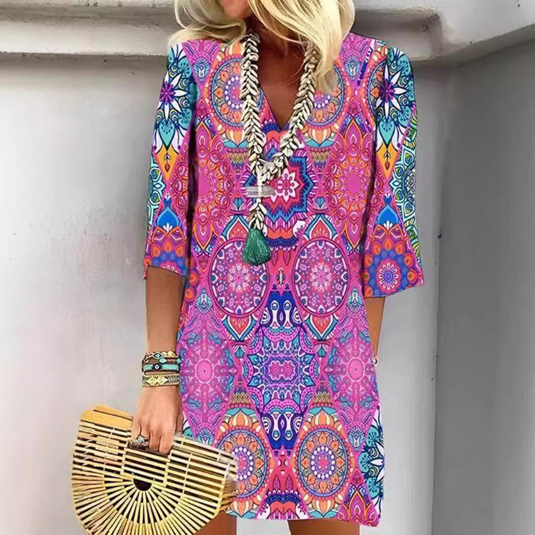 Women's short Boho tunic mini dress with V-neck, mandala all-over print and three-quarter sleeves StylebySassy