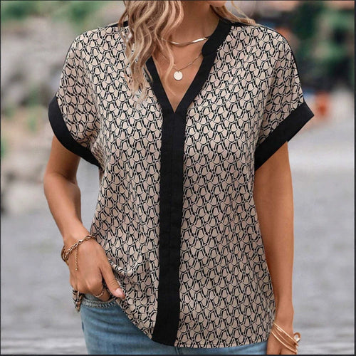 Ladies' light casual blouse in crepe look with V-neck and contrast piping StylebySassy