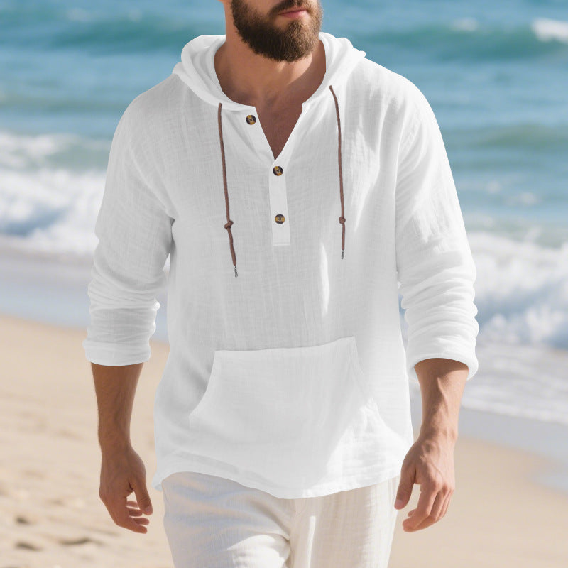 Men's lightweight hooded henley made of linen-cotton blend with kangaroo pocket and button placket StylebySassy